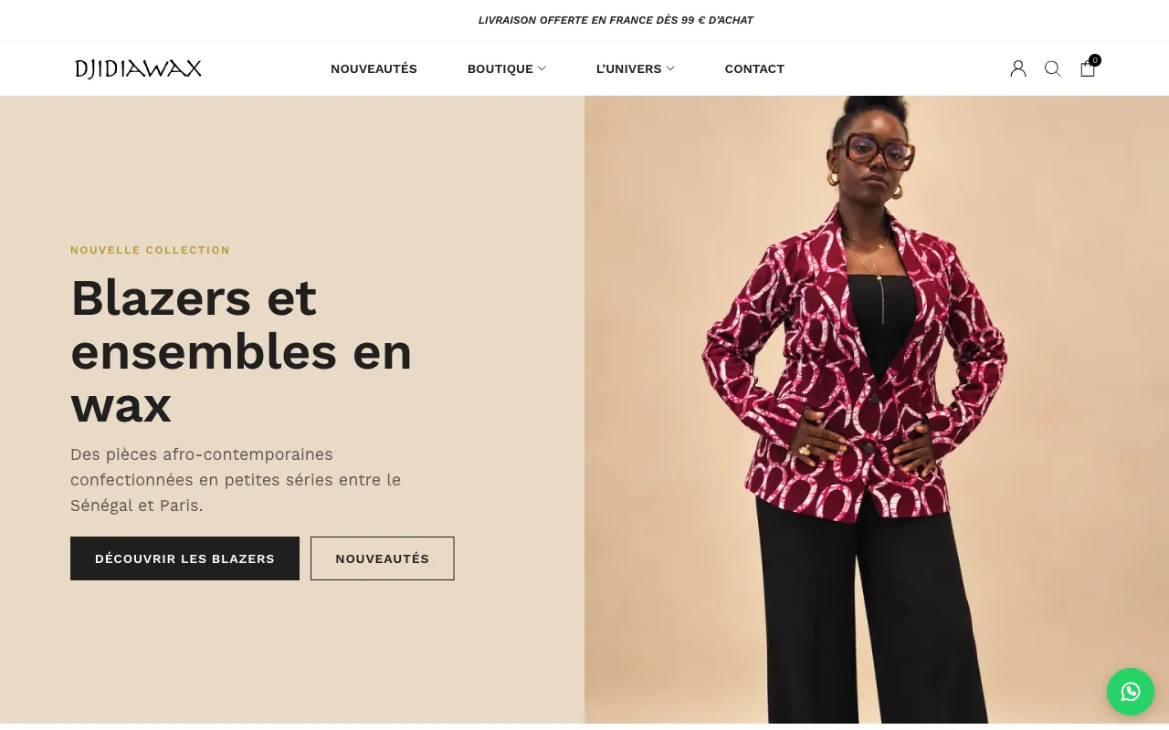 La nouvelle page d’accueil de djidiawax.com : le titre « Blazers et ensembles en wax » à côté d’une femme portant un blazer en wax bordeaux et rose.