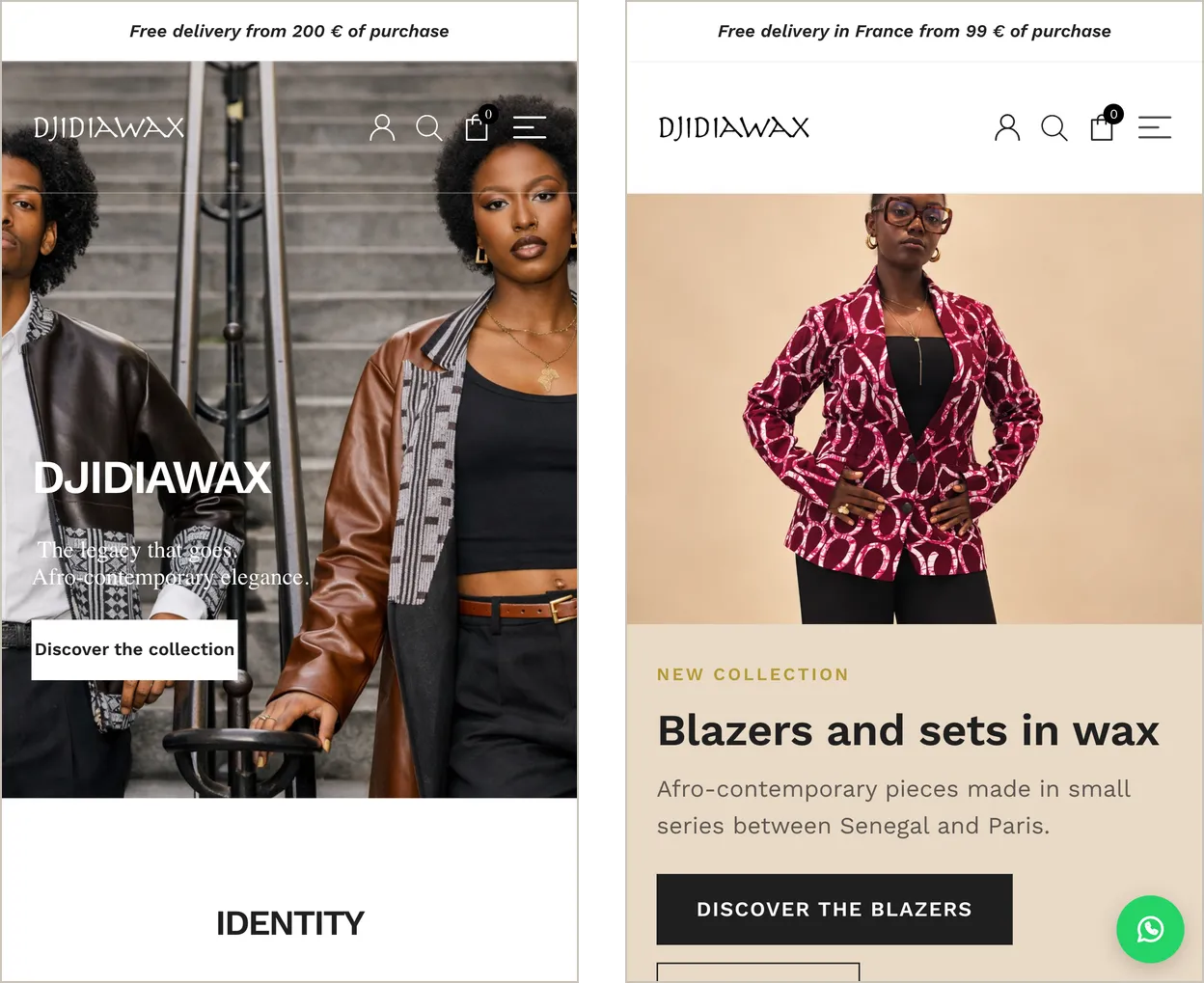 Two phone screenshots of the djidiawax.com home page. Left, before: a photo of two models on a staircase, the brand name, and a “Discover the collection” button. Right, after: a woman in a burgundy and pink wax blazer, the headline “Blazers and sets in wax,” and a “Discover the blazers” button.