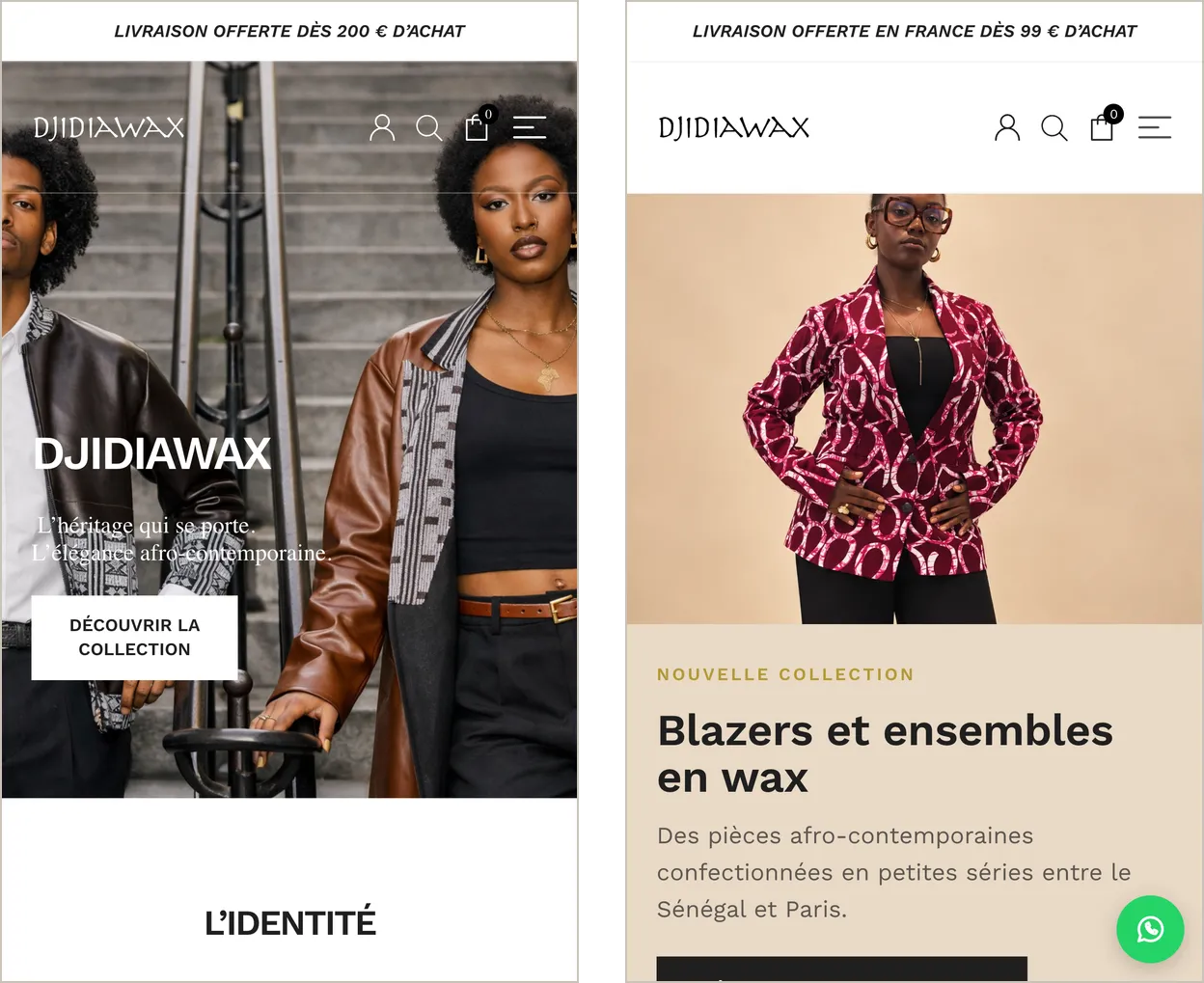 Deux captures sur téléphone de la page d’accueil de djidiawax.com. À gauche, avant : une photo de deux mannequins dans un escalier, le nom de la marque et un bouton « Découvrir la collection ». À droite, après : une femme en blazer en wax bordeaux et rose, le titre « Blazers et ensembles en wax » et un bouton « Découvrir les blazers ».