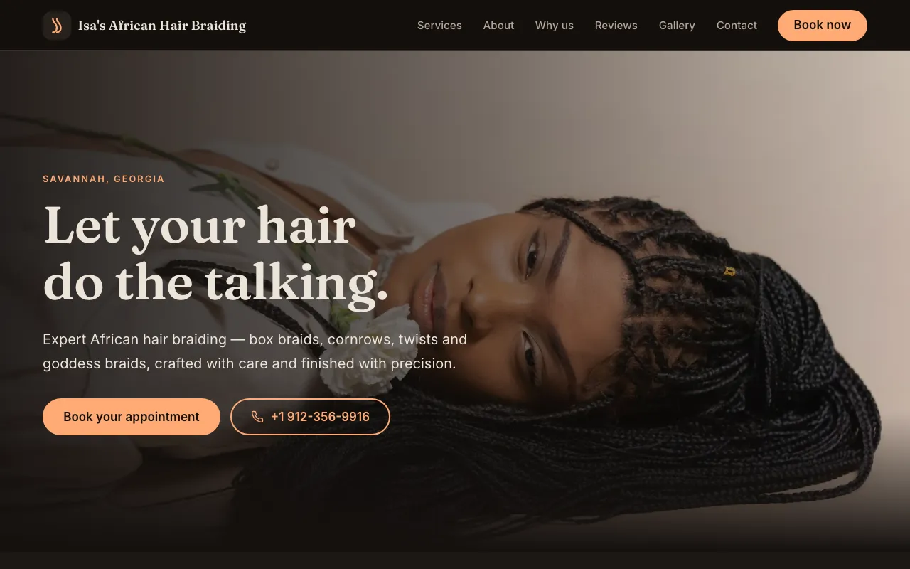 The home page of isabraiding.com: the salon's name, the headline “Let your hair do the talking,” a Book your appointment button, and the salon's phone number.