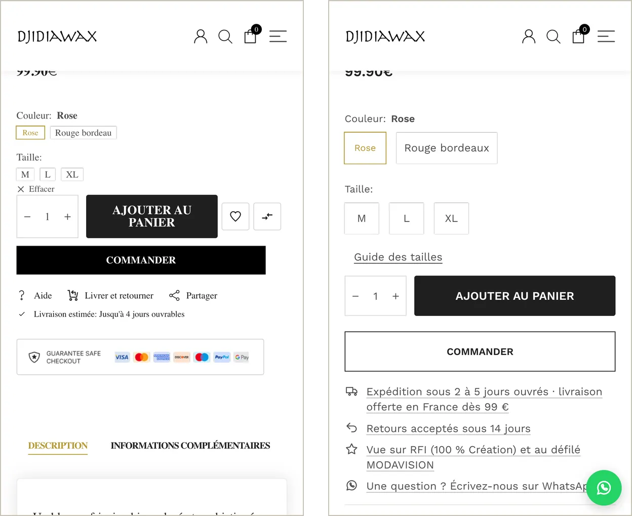 Deux captures sur téléphone de la même fiche produit. À gauche, avant : petits boutons de taille, liens « Aide », « Livrer et retourner » et « Partager », et un badge en anglais « Guarantee safe checkout ». À droite, après : boutons de taille plus grands, lien vers le guide des tailles, et lignes livraison, retours, presse et WhatsApp sous les boutons.