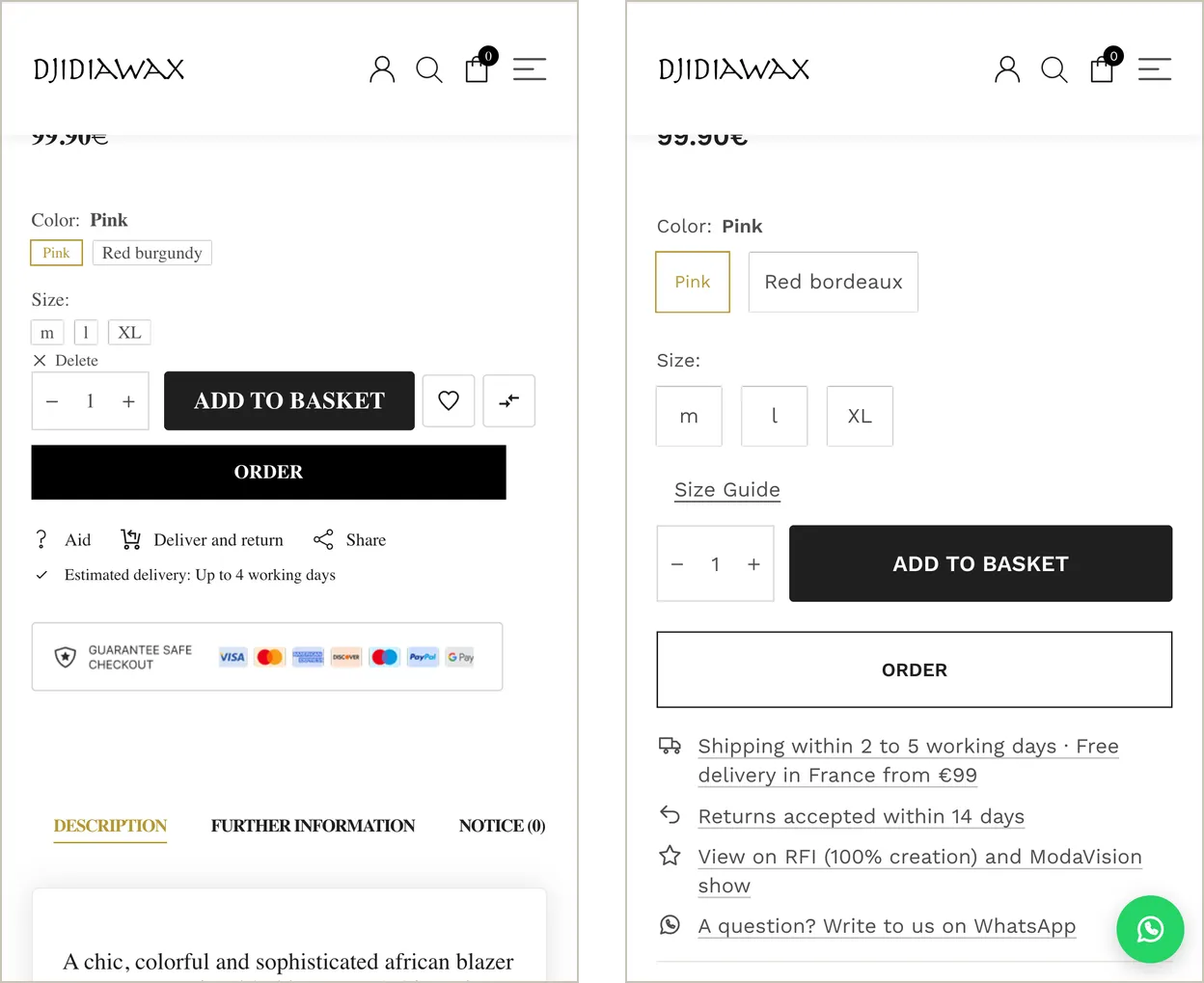 Two phone screenshots of the same product page. Left, before: small size buttons, “Aid,” “Deliver and return,” and “Share” links, and an English “Guarantee safe checkout” badge. Right, after: larger size buttons, a size guide link, and delivery, returns, press, and WhatsApp lines under the buttons.